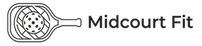 A black and white logo featuring a stylized pickleball paddle graphic on the left and the text 'Midcourt Fit' on the right, set against a plain white background.